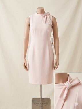Calvin Klein Sleeveless Sheath Midi Dress in Pale Pink with Neck Bow